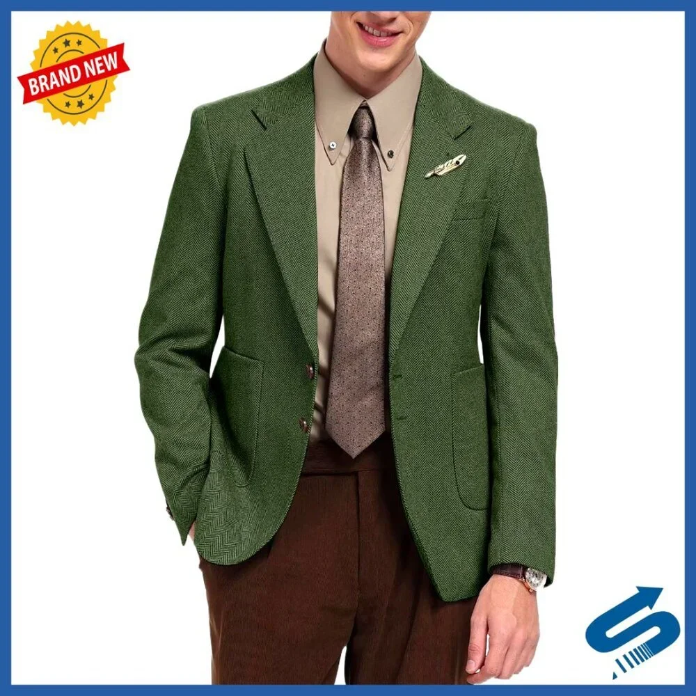 Men's Slim Fit Tweed Blazer Herringbone Sport Coat Wedding Business Casual